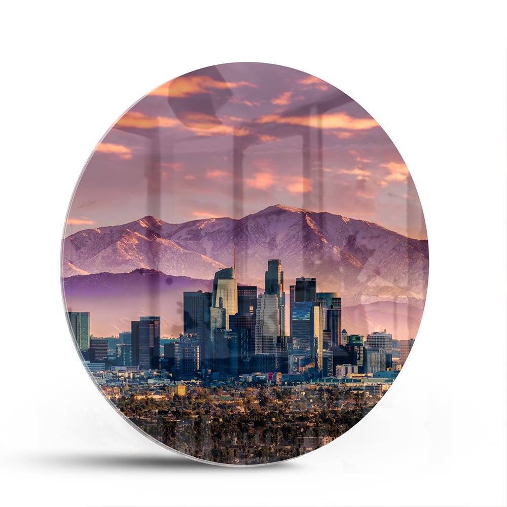 Glasbild Stadtpanorama bei Sonnenuntergang – Glasbild aus Sicherheitsglas, Größe 140x70
