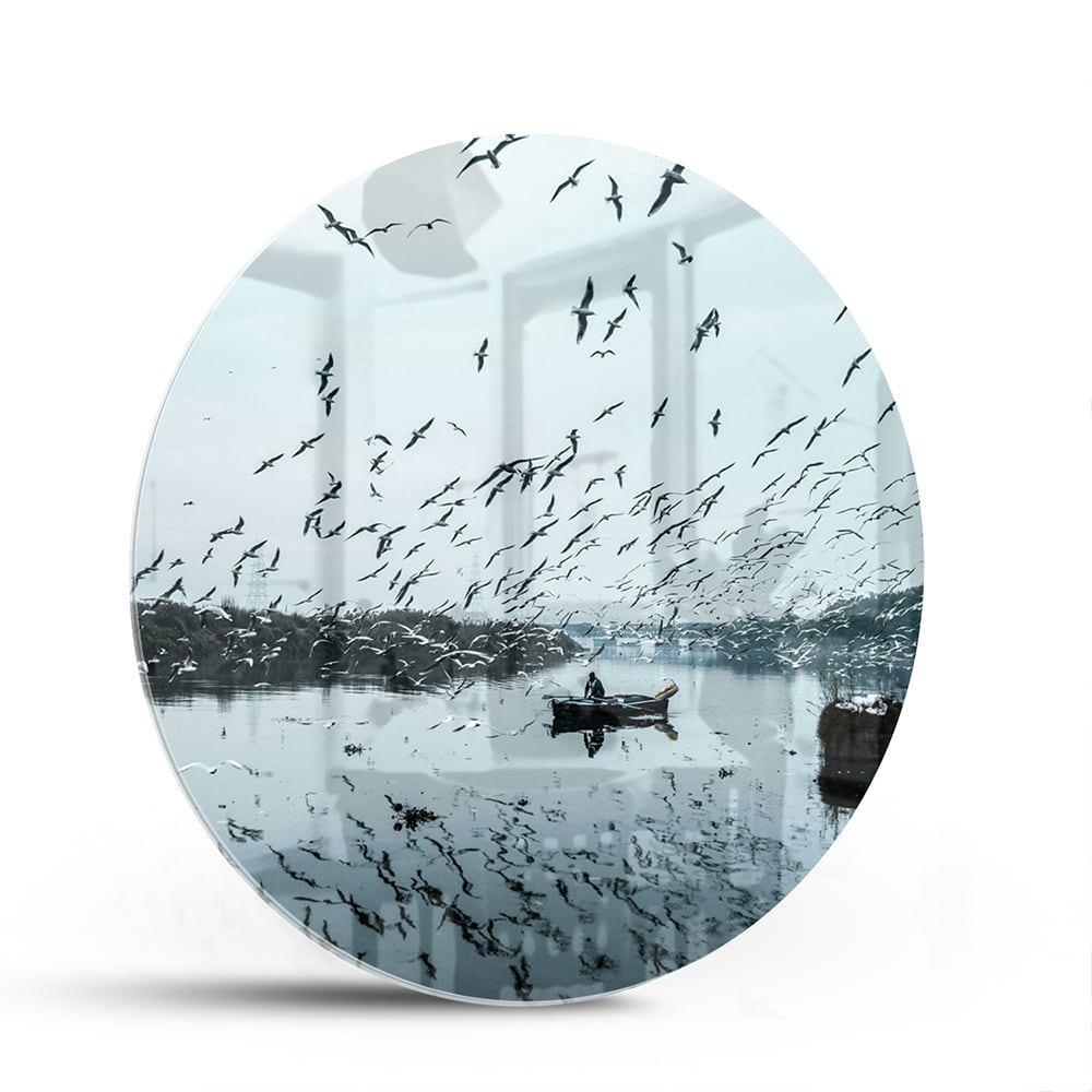 Glasbild mit Vögeln über einer ruhigen Wasserreflexion – Glasbild aus Sicherheitsglas, Größe 140x70