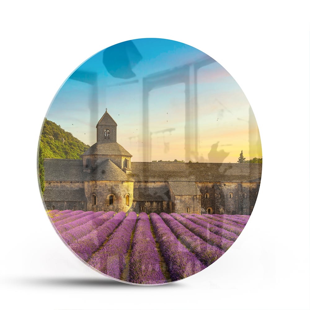Wunderschönes Glasbild mit Lavendelfeldern – Glasbild aus Sicherheitsglas, Größe 140x70