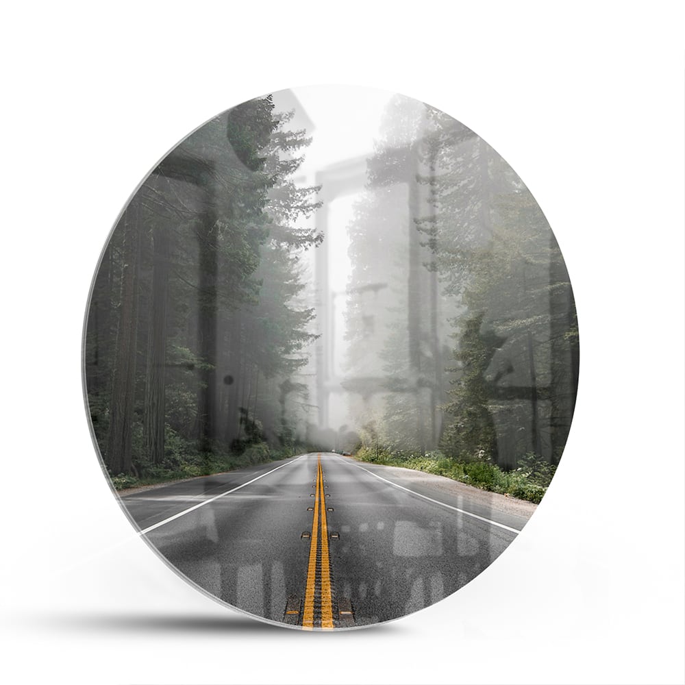 Glasbild – Erkundung eines nebligen Weges – Glasbild aus Sicherheitsglas, Größe 140x70