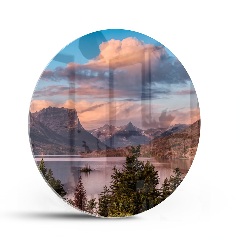 Glasbild mit Bergen bei Sonnenaufgang – Glasbild aus Sicherheitsglas, Größe 140x70