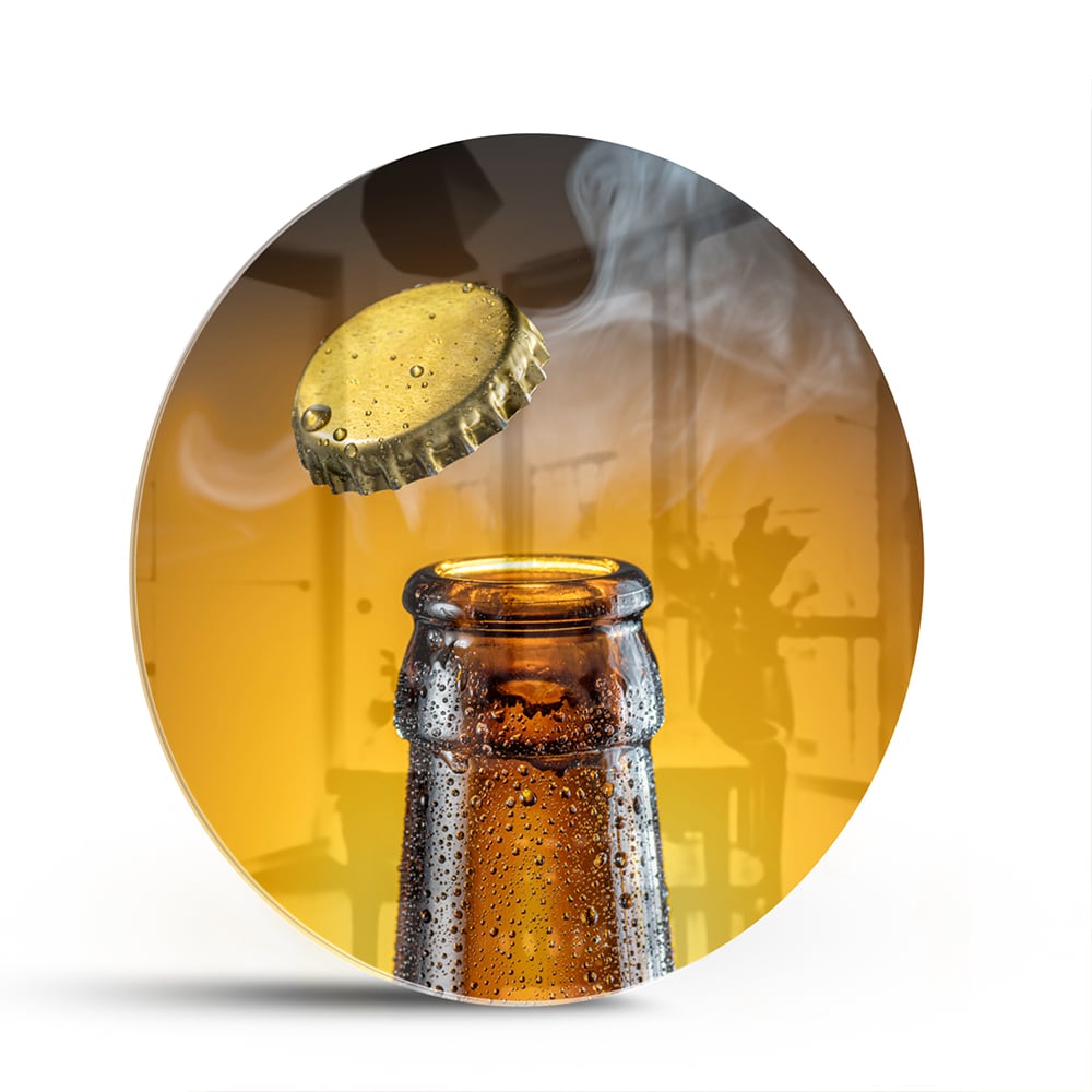 Glasbild mit aufsteigender Flasche und Verschluss – Glasbild aus Sicherheitsglas, Größe 140x70