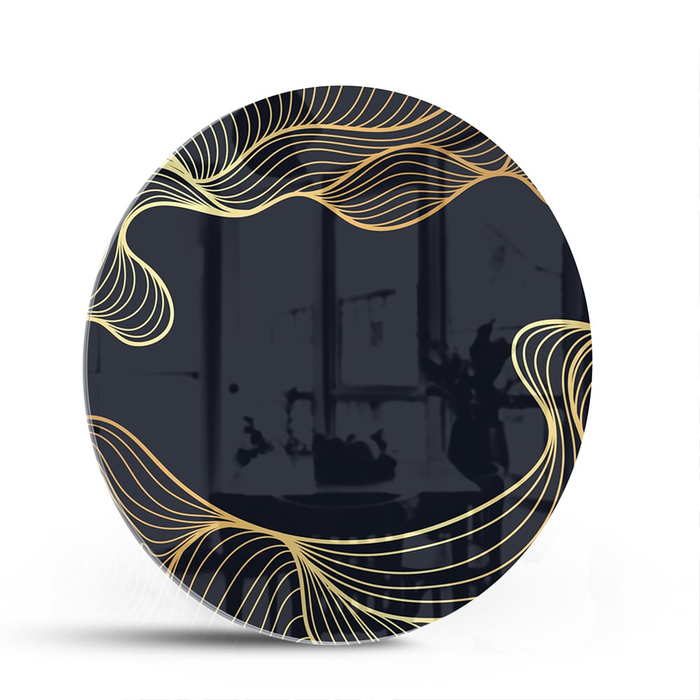 Elegantes Glasbild mit goldenen Linien auf dunkelblauem Hintergrund – Glasbild aus Sicherheitsglas, Größe 140x70