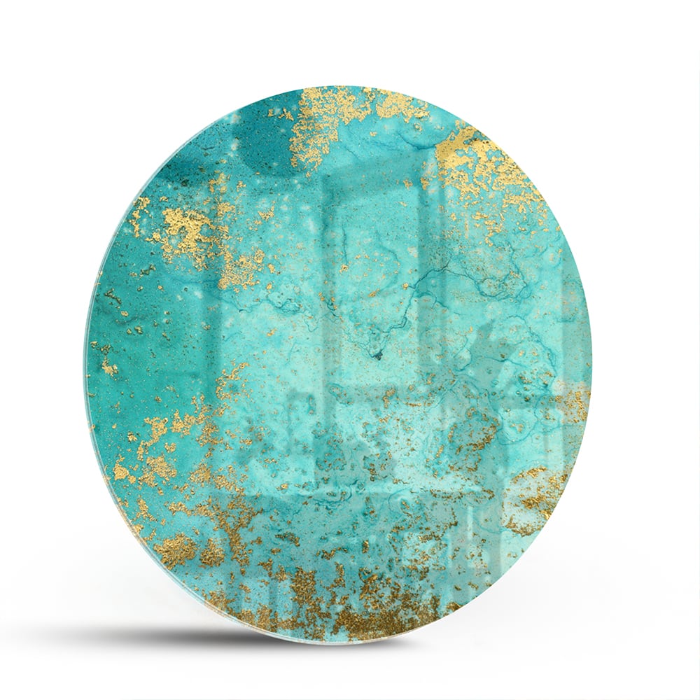 Glasbild mit goldenen Akzenten auf Türkis – Glasbild aus Sicherheitsglas, Größe 140x70