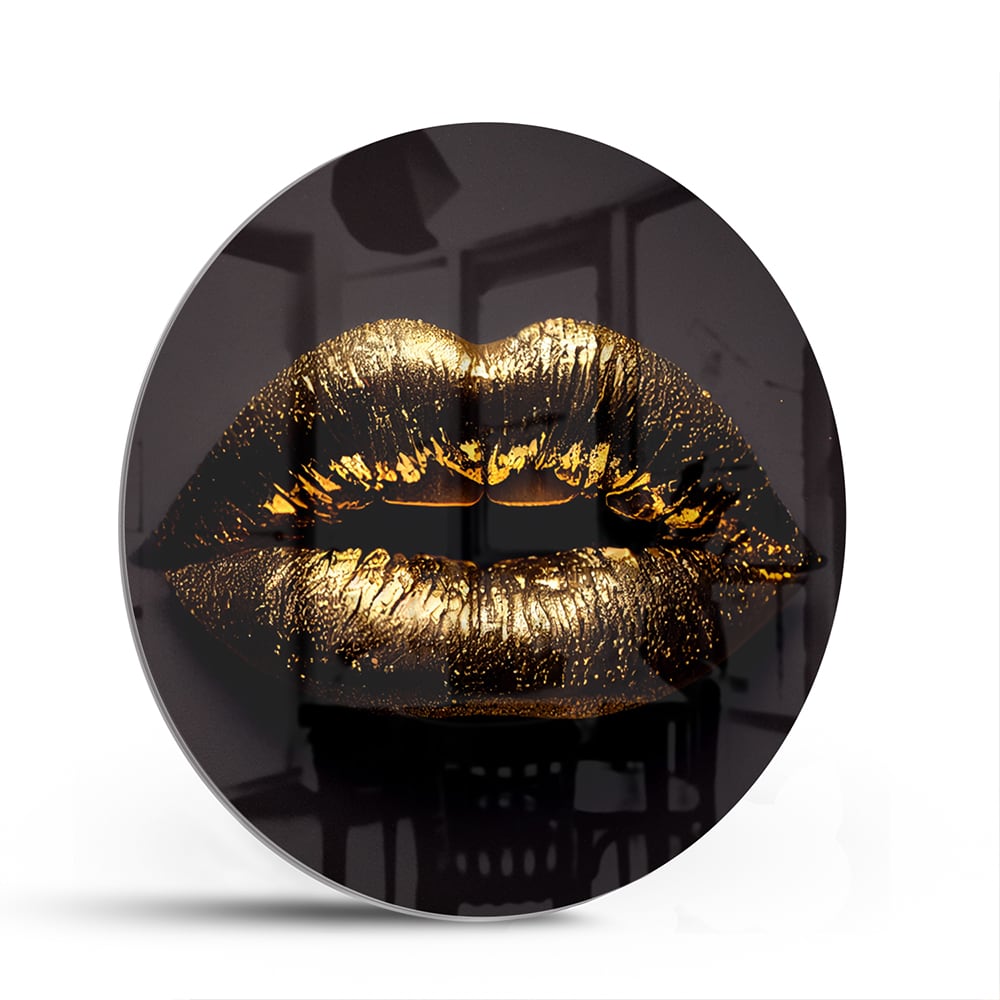 Glasbild mit goldenen Lippen für ein luxuriöses Interieur – Glasbild aus Sicherheitsglas, Größe 140x70