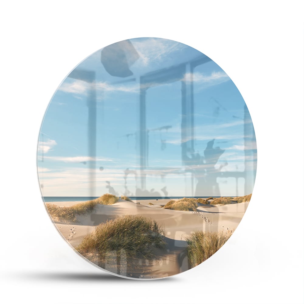 Glasbild mit Dünen und blauem Himmel – Glasbild aus Sicherheitsglas, Größe 140x70