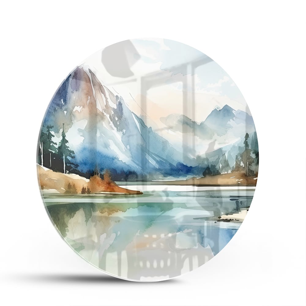Glasbild mit Bergen und See im Aquarellstil – Glasbild aus Sicherheitsglas, Größe 140x70