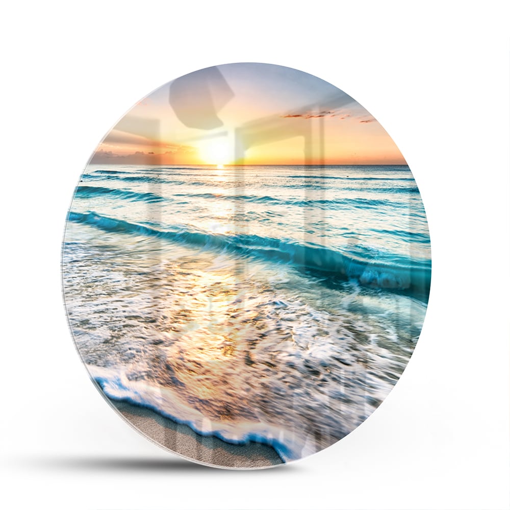 Wunderschönes Glasbild mit einem Sonnenuntergang am See – Glasbild aus Sicherheitsglas, Größe 140x70