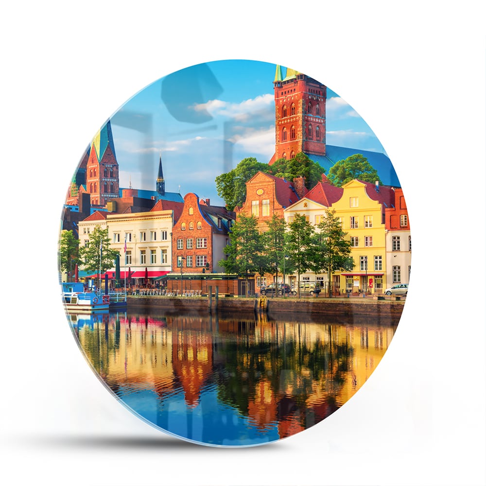 Farbenfrohes Glasbild mit einer Stadtlandschaft – Glasbild aus Sicherheitsglas, Größe 140x70