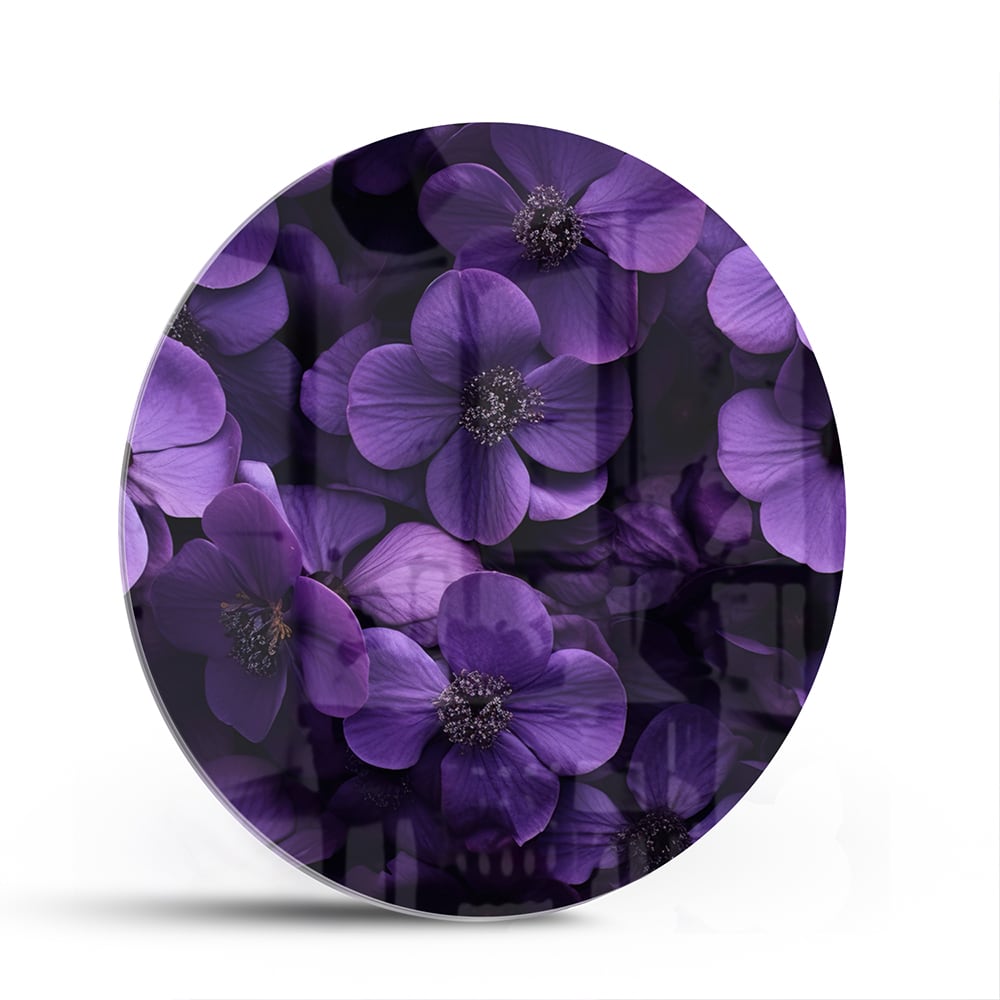 Glasbild mit violetten Blumen für Ihr Interieur – Glasbild aus Sicherheitsglas, Größe 140x70