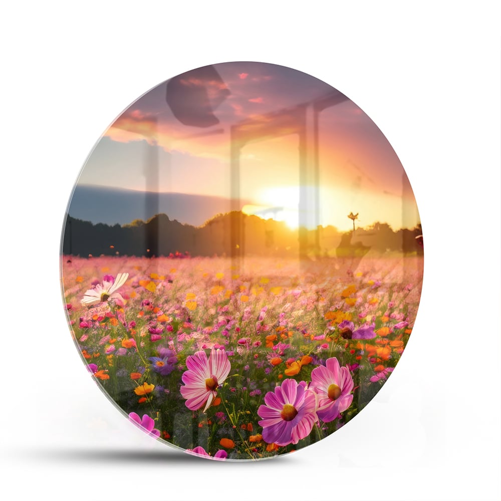 Glasbild – Sonnenuntergang über Blumenfeld – Glasbild aus Sicherheitsglas, Größe 140x70
