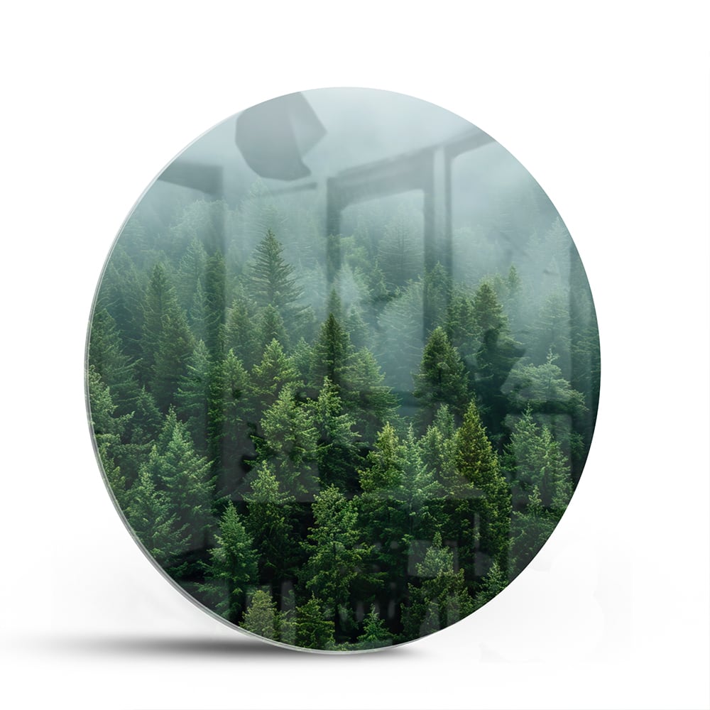 Glasbild mit nebligen Tannenwäldern – Glasbild aus Sicherheitsglas, Größe 140x70