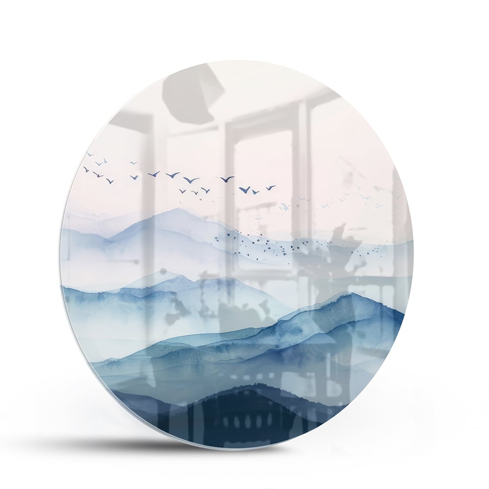 Ruhiges Glasbild mit blauen Bergen – Glasbild aus Sicherheitsglas, Größe 140x70