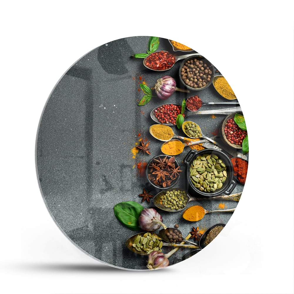 Farbenfrohes Glasbild mit Kräutern und Gewürzen – Glasbild aus Sicherheitsglas, Größe 140x70