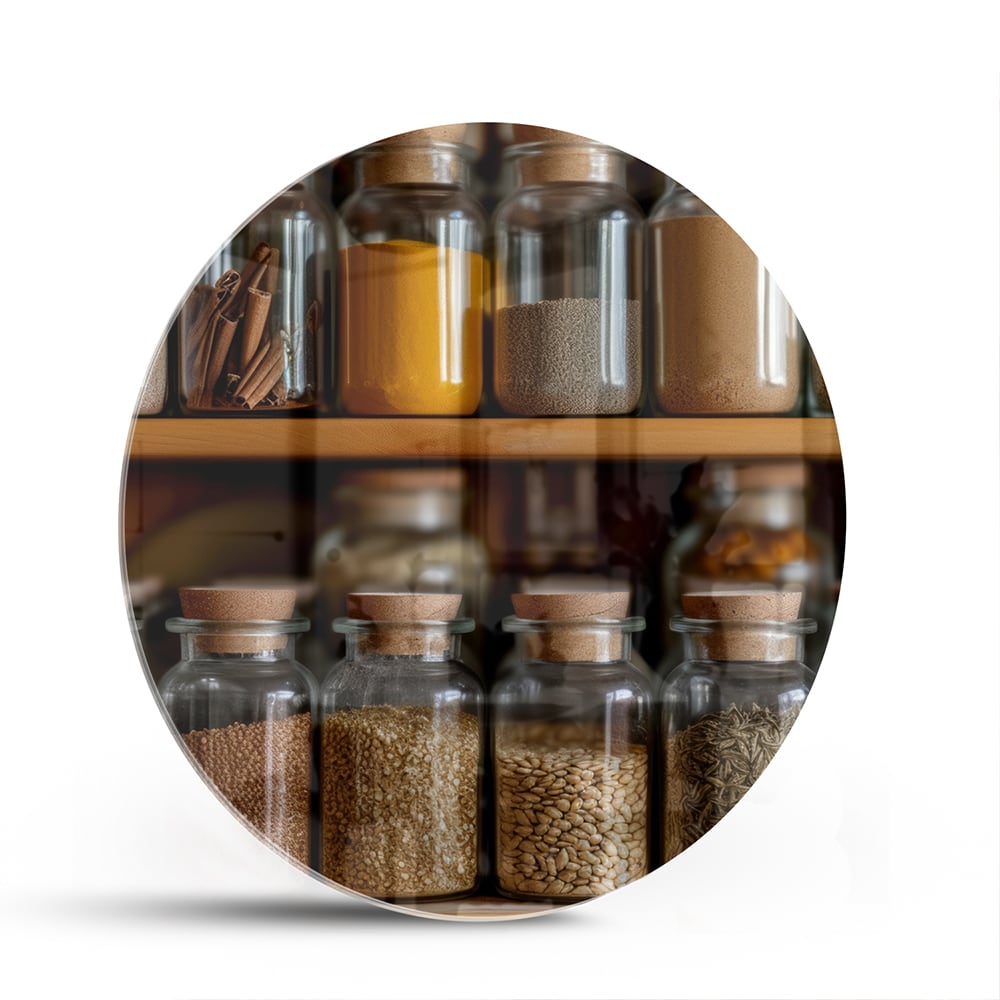 Glasbild mit Gewürzen in Einmachgläsern – Glasbild aus Sicherheitsglas, Größe 140x70