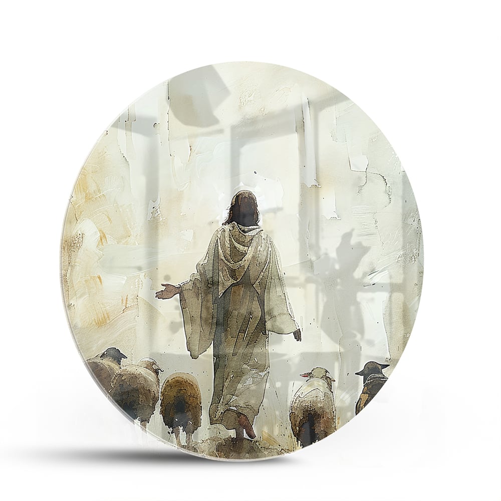 Glasbild mit spirituellem Wegweiser und Schafen – Glasbild aus Sicherheitsglas, Größe 140x70