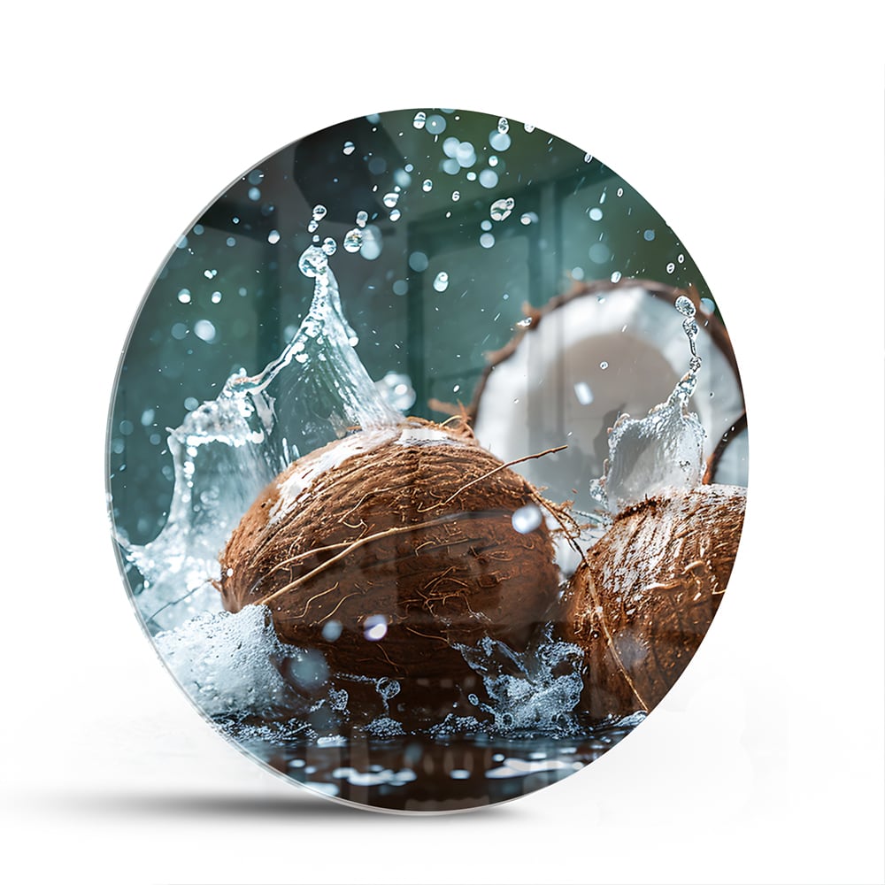 Glasbild Kokosnuss-Trio mit Wasserstrahlen – Glasbild aus Sicherheitsglas, Größe 140x70