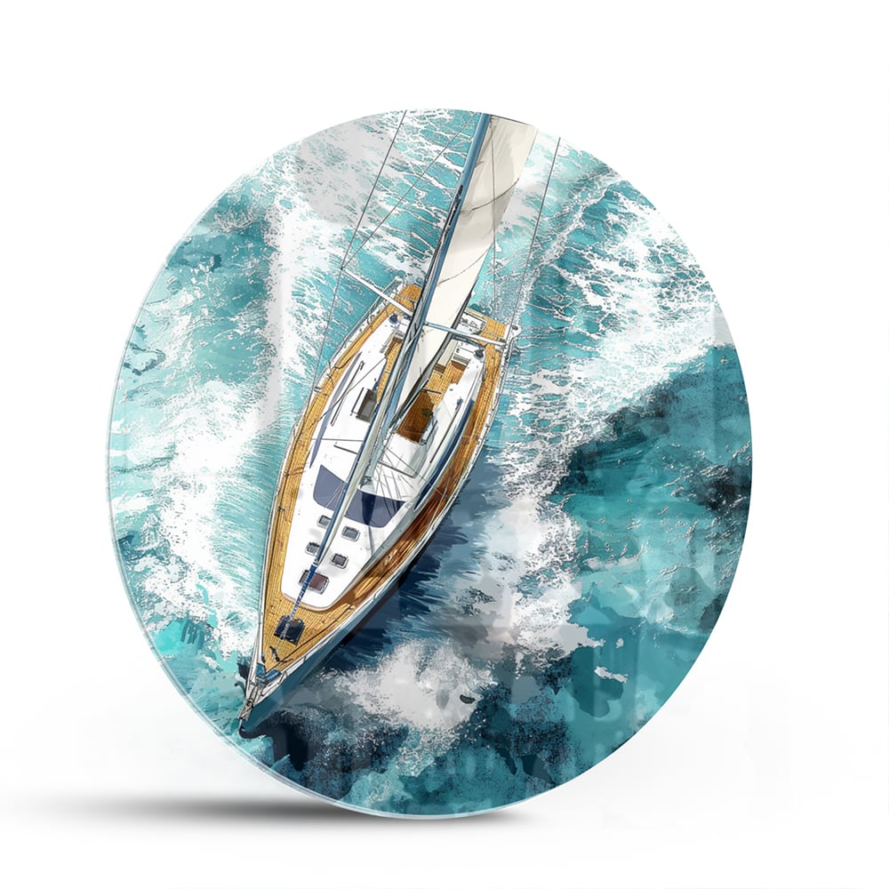 Wunderschönes Glasbild mit einer Yacht auf dem See – Glasbild aus Sicherheitsglas, Größe 140x70