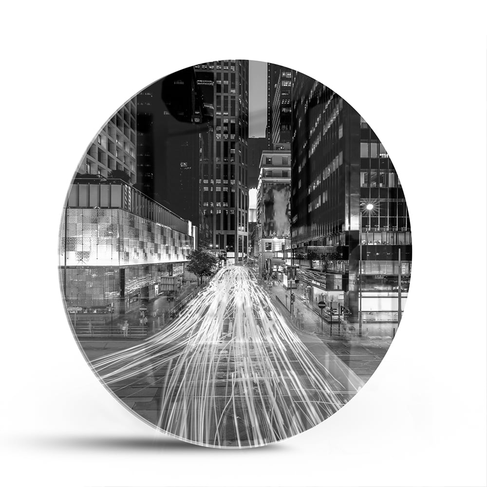 Schwarz-Weiß-Glasbild mit Stadtlichtern – Glasbild aus Sicherheitsglas, Größe 140x70