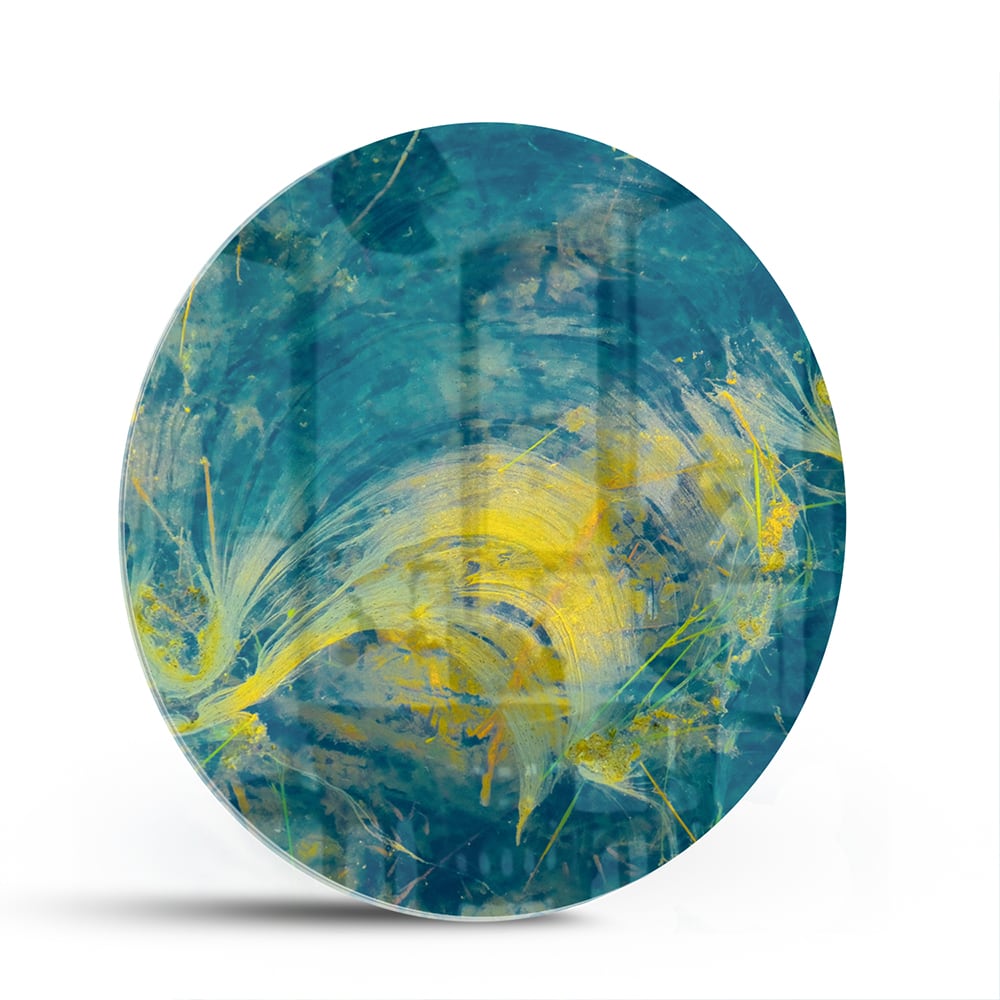 Farbenfrohes Glasbild mit abstraktem blau-gelbem Muster – Glasbild aus Sicherheitsglas, Größe 140x70
