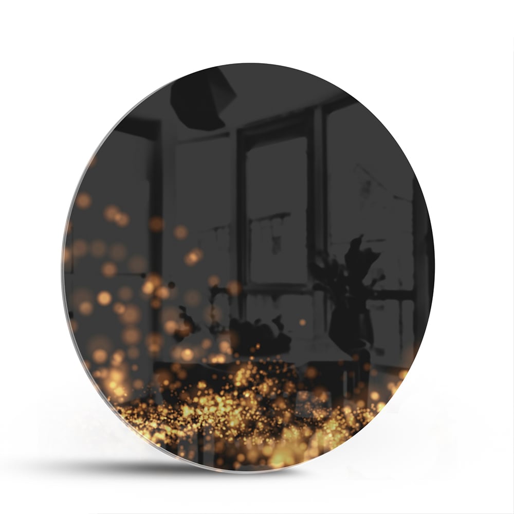 Glasbild mit goldenen Lichtpunkten auf schwarzem Hintergrund – Glasbild aus Sicherheitsglas, Größe 140x70
