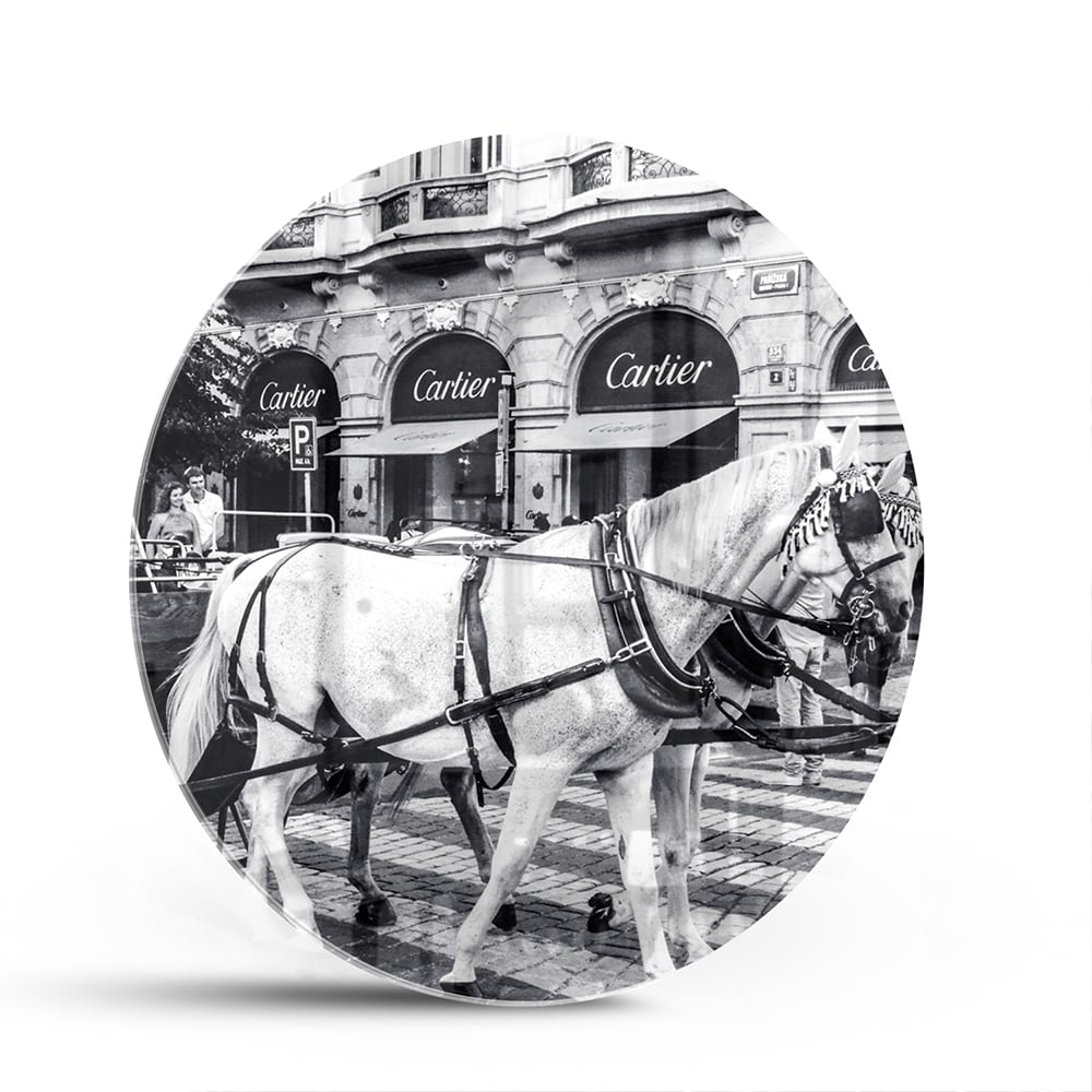 Historisches Glasbild mit Pferd und Kutsche – Glasbild aus Sicherheitsglas, Größe 140x70