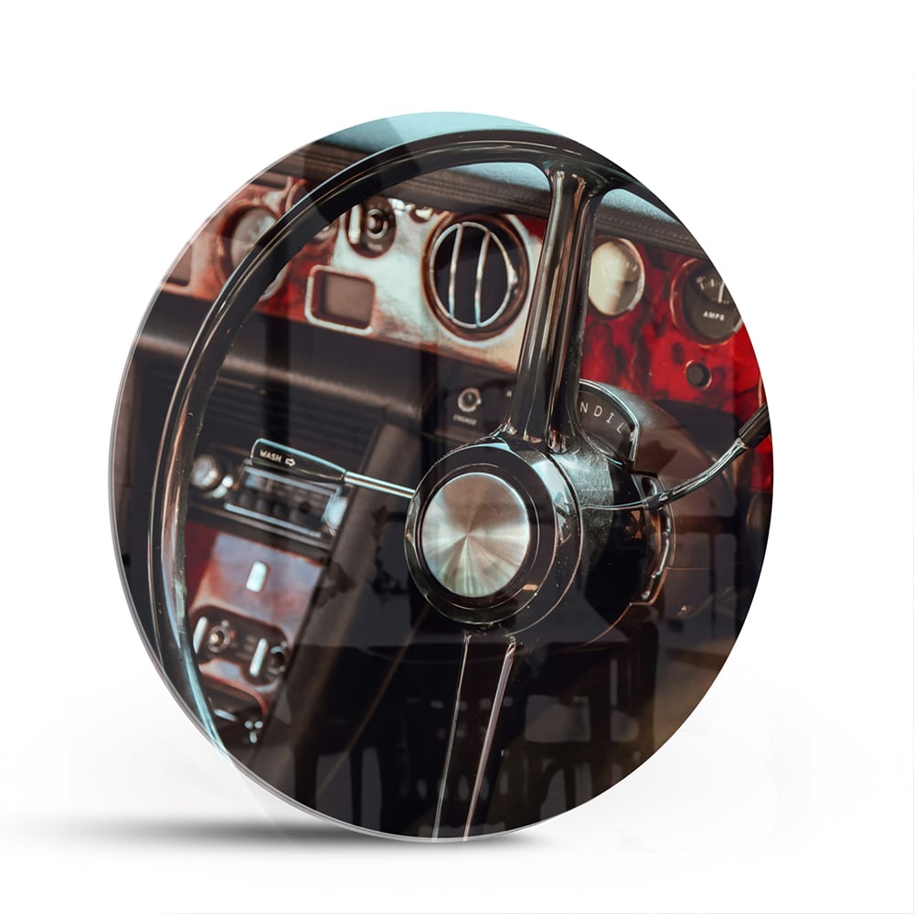 Retro-Auto-Glasbild mit Armaturenbrett für Liebhaber – Glasbild aus Sicherheitsglas, Größe 140x70