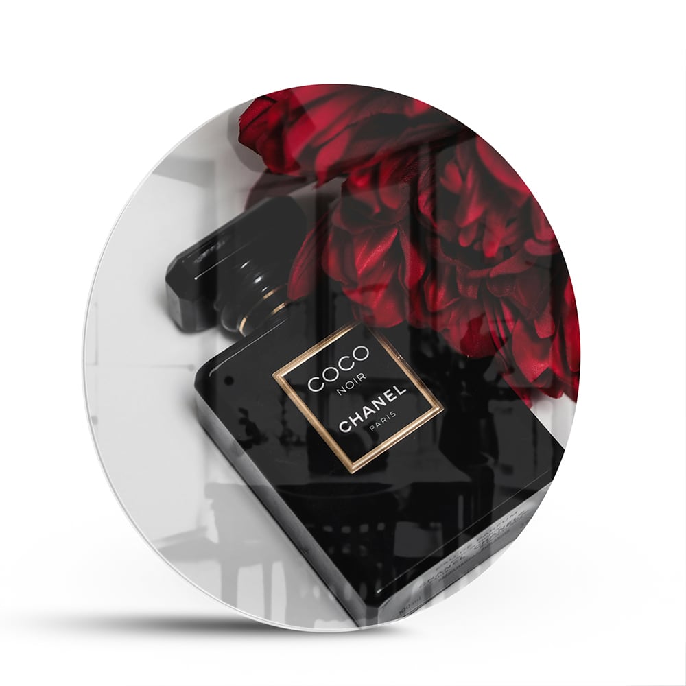 Elegantes Glasbild mit Parfüm und roten Blumen – Glasbild aus Sicherheitsglas, Größe 140x70