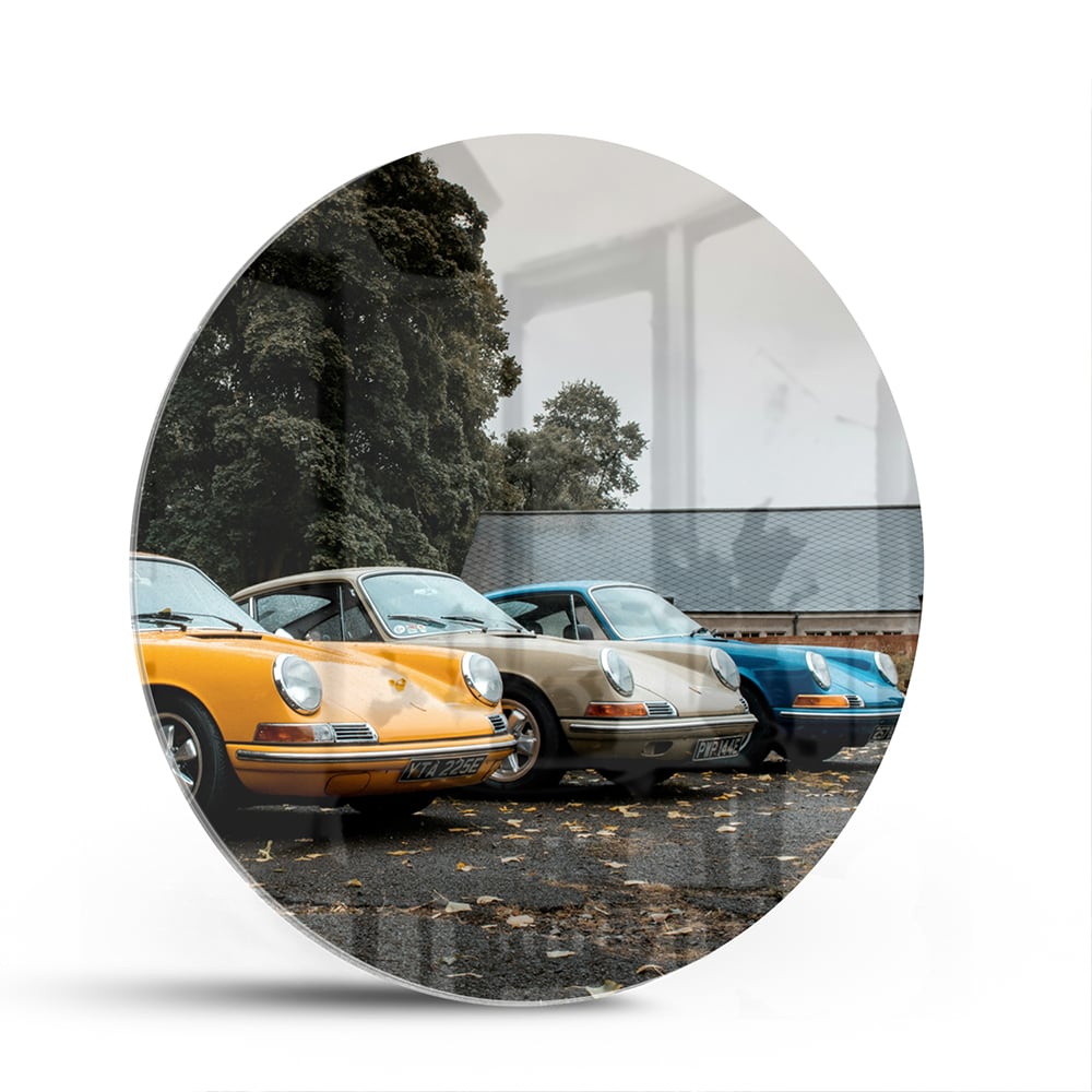 Fröhliches Glasbild mit gelbem Auto – Glasbild aus Sicherheitsglas, Größe 140x70