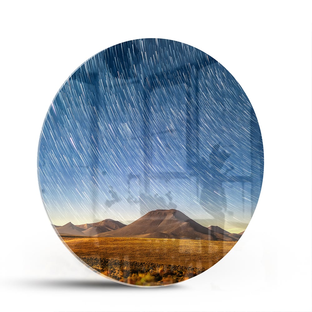 Glasbild mit Sternenhimmel über den Bergen – Glasbild aus Sicherheitsglas, Größe 140x70