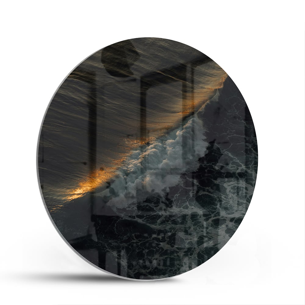 Schwarzes Glasbild mit Meerblick und Goldakzenten – Glasbild aus Sicherheitsglas, Größe 140x70