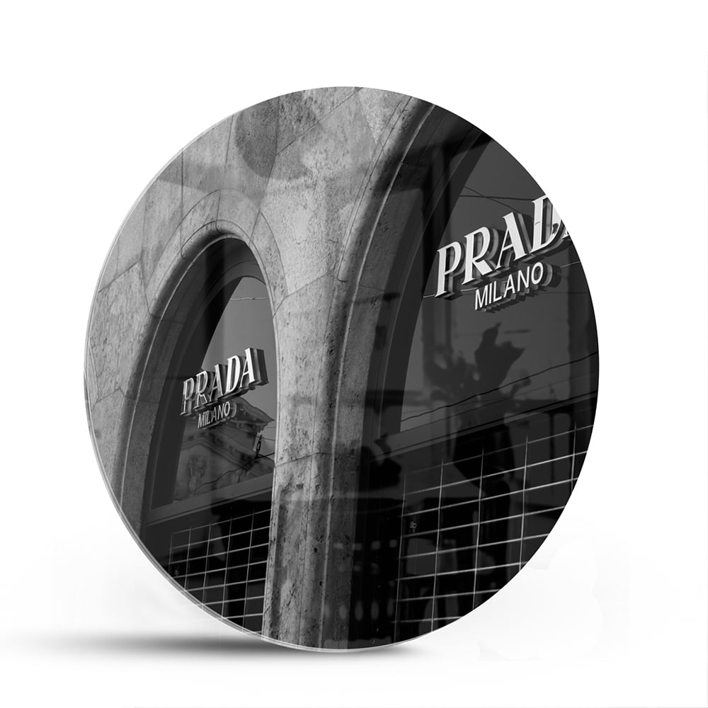 Elegantes Glasbild mit Prada-Schaufenster – Glasbild aus Sicherheitsglas, Größe 140x70