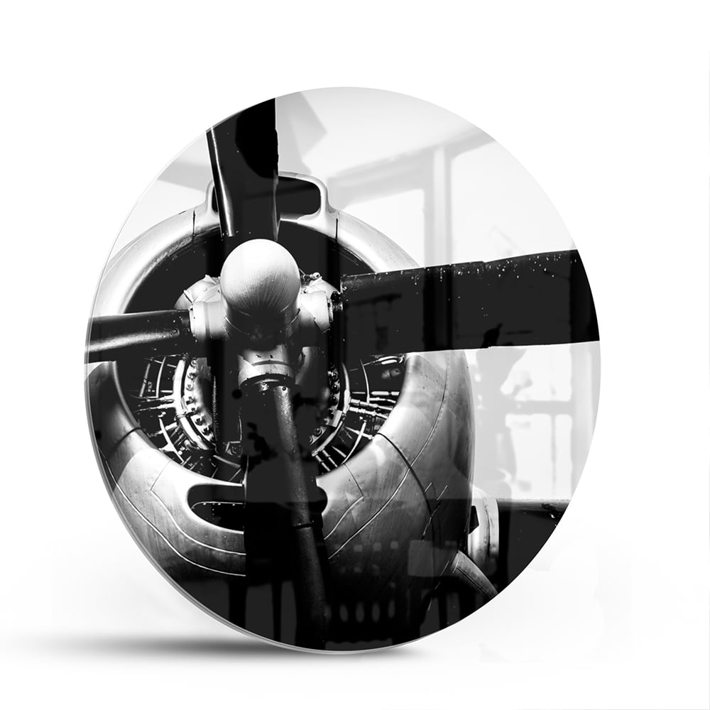 Schwarz-Weiß-Glasbild mit Vintage-Flugzeugpropeller – Glasbild aus Sicherheitsglas, Größe 140x70