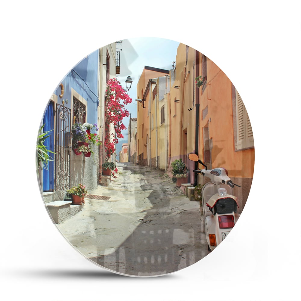 Buntes Glasbild mit Vespa auf einer Straße – Glasbild aus Sicherheitsglas, Größe 140x70