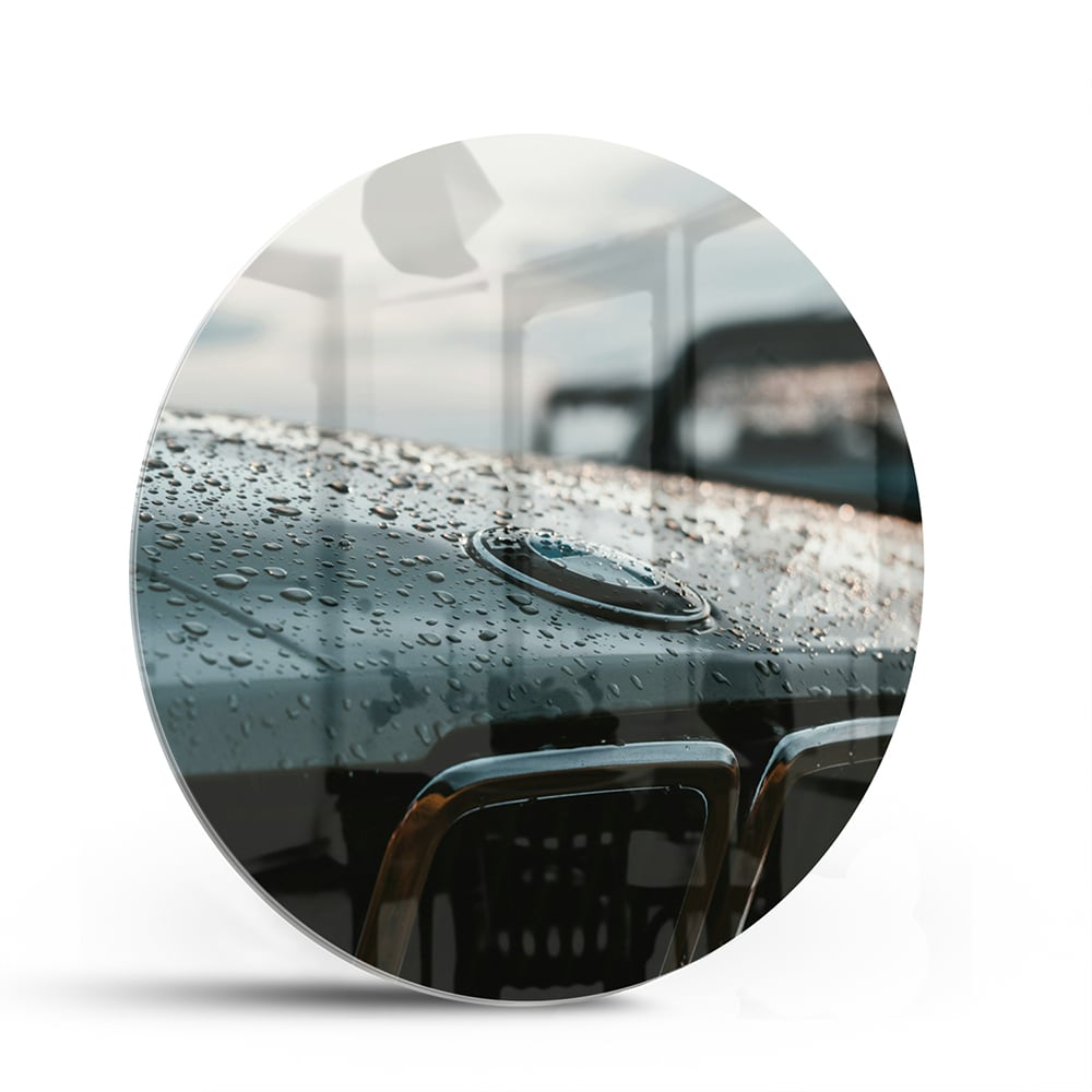 Glasbild mit nasser Autoscheibe – Stilvolles Interieur – Glasbild aus Sicherheitsglas, Größe 140x70