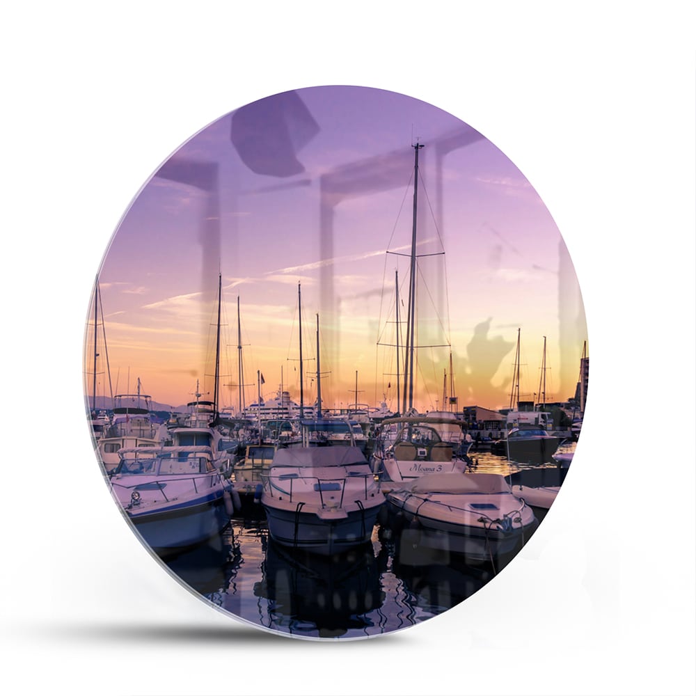 Glasbild mit Sonnenuntergang am Hafen – Glasbild aus Sicherheitsglas, Größe 140x70
