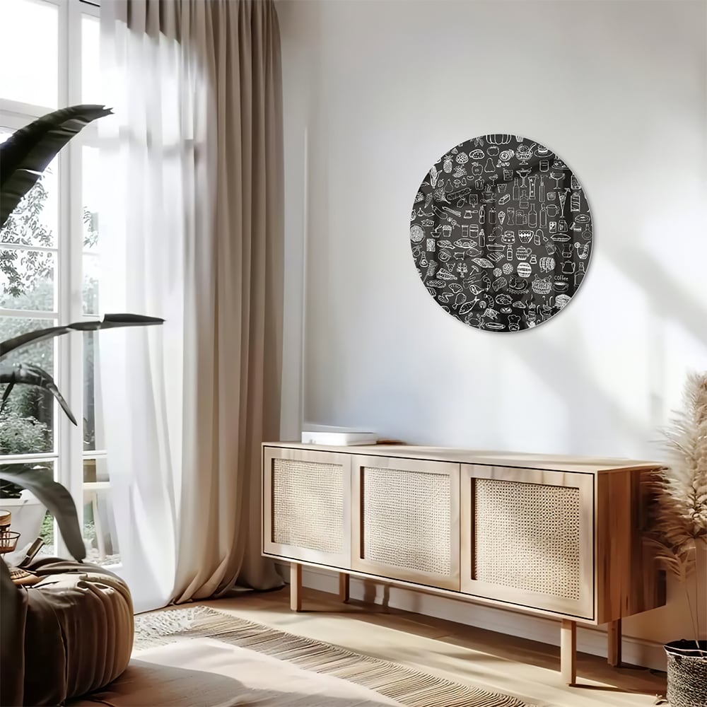 Abstraktes Schwarz-Weiß-Glasbild mit fröhlichen Illustrationen