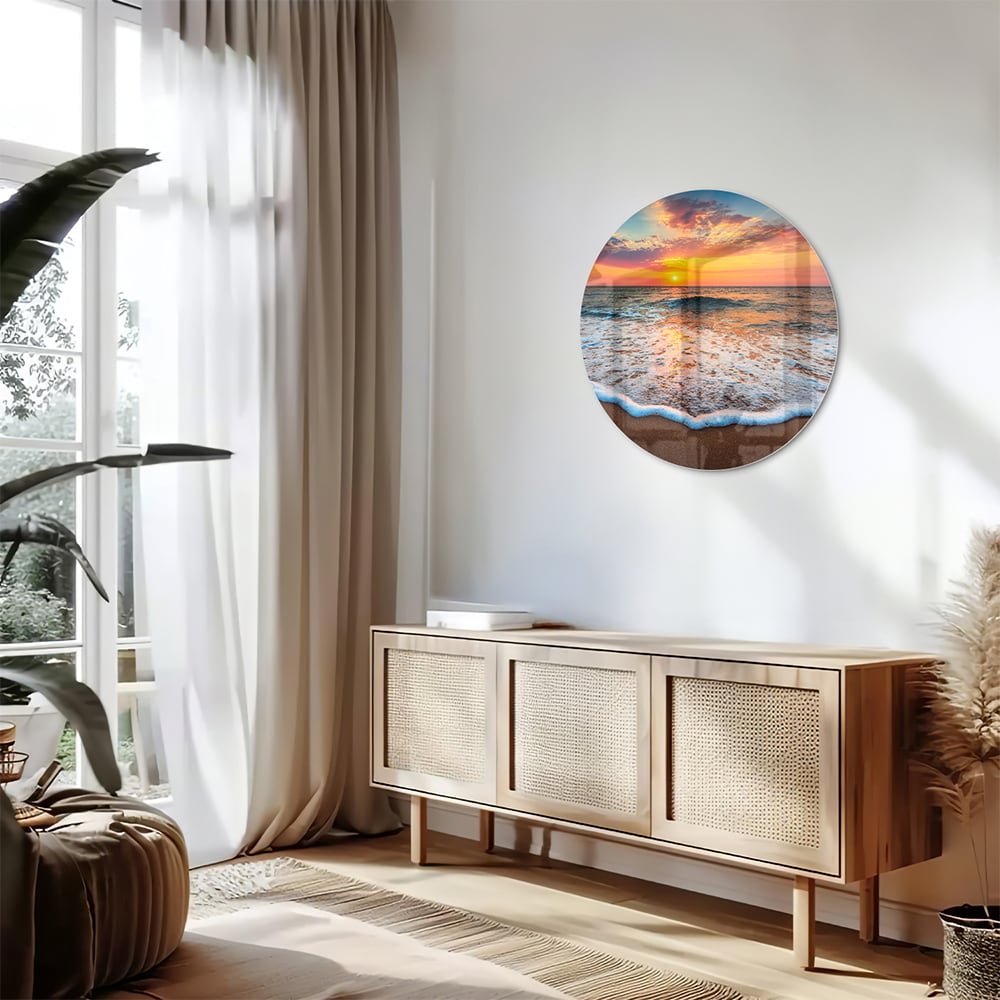 Glasbild – Sonnenuntergang am Strand