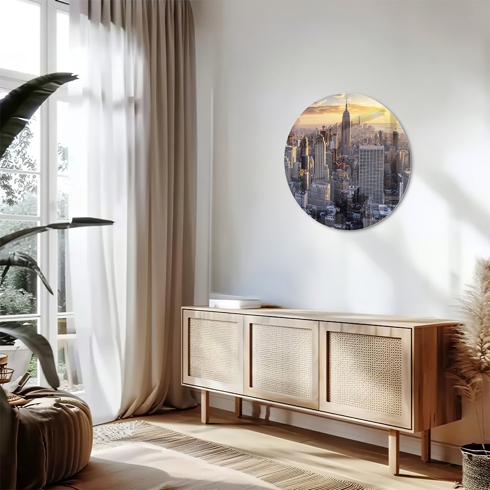 Glasbild mit atemberaubender Aussicht auf New York bei Sonnenuntergang