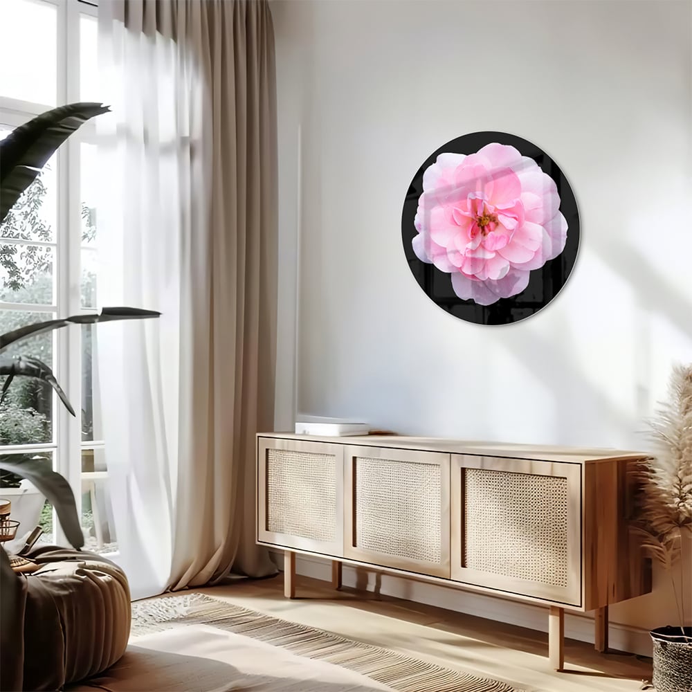 Elegantes Glasbild mit rosa Blume auf schwarzem Hintergrund