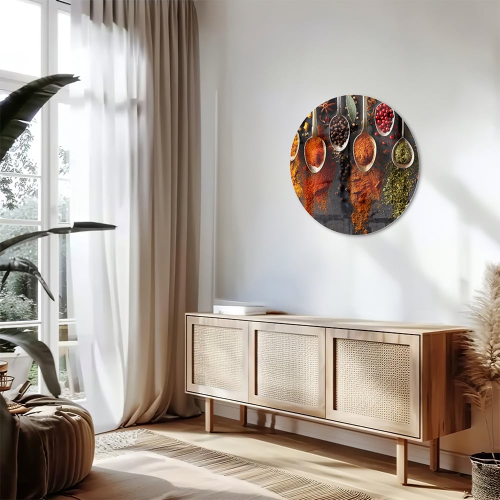 Farbenfrohes Glasbild mit Kräutern und Gewürzen