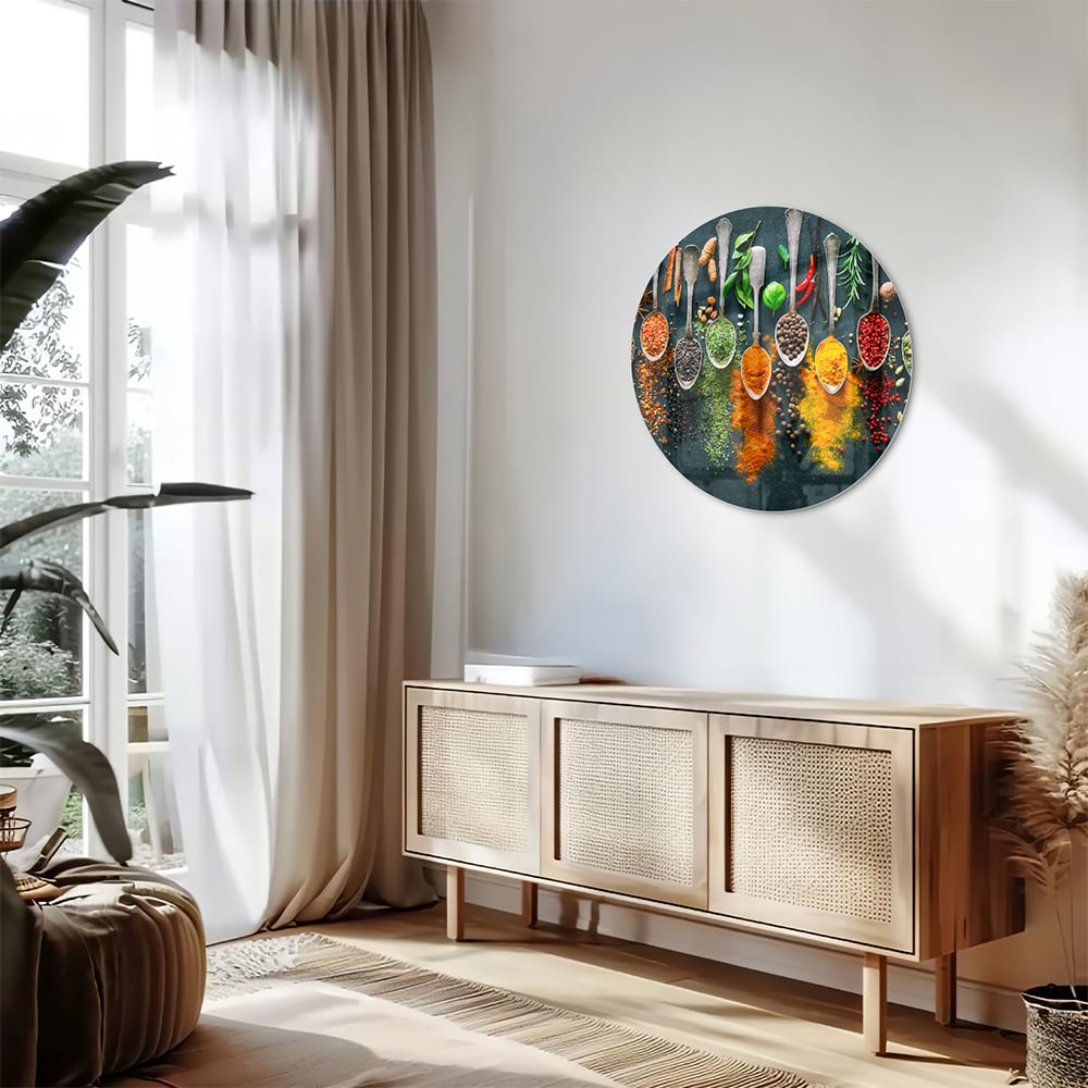 Farbenfrohes Glasbild mit Gewürzen und Kräutern