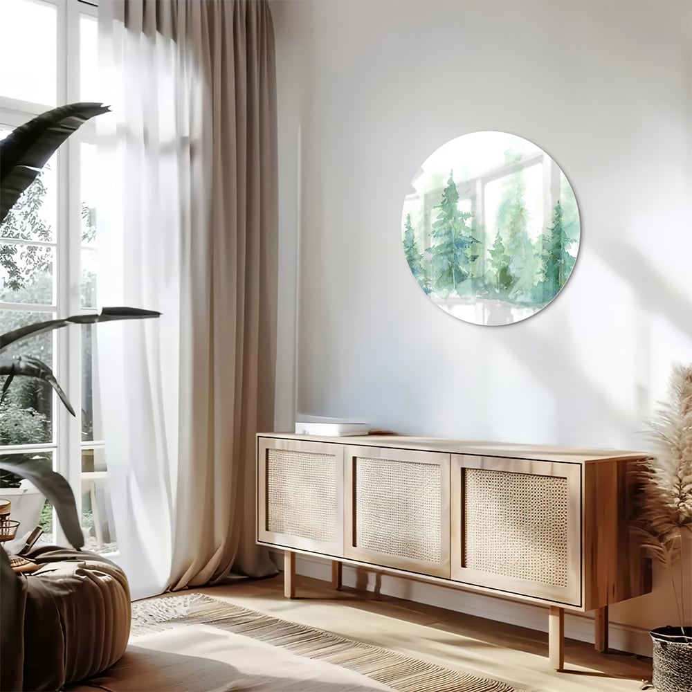 Glasbild mit grünen Tannenbäumen