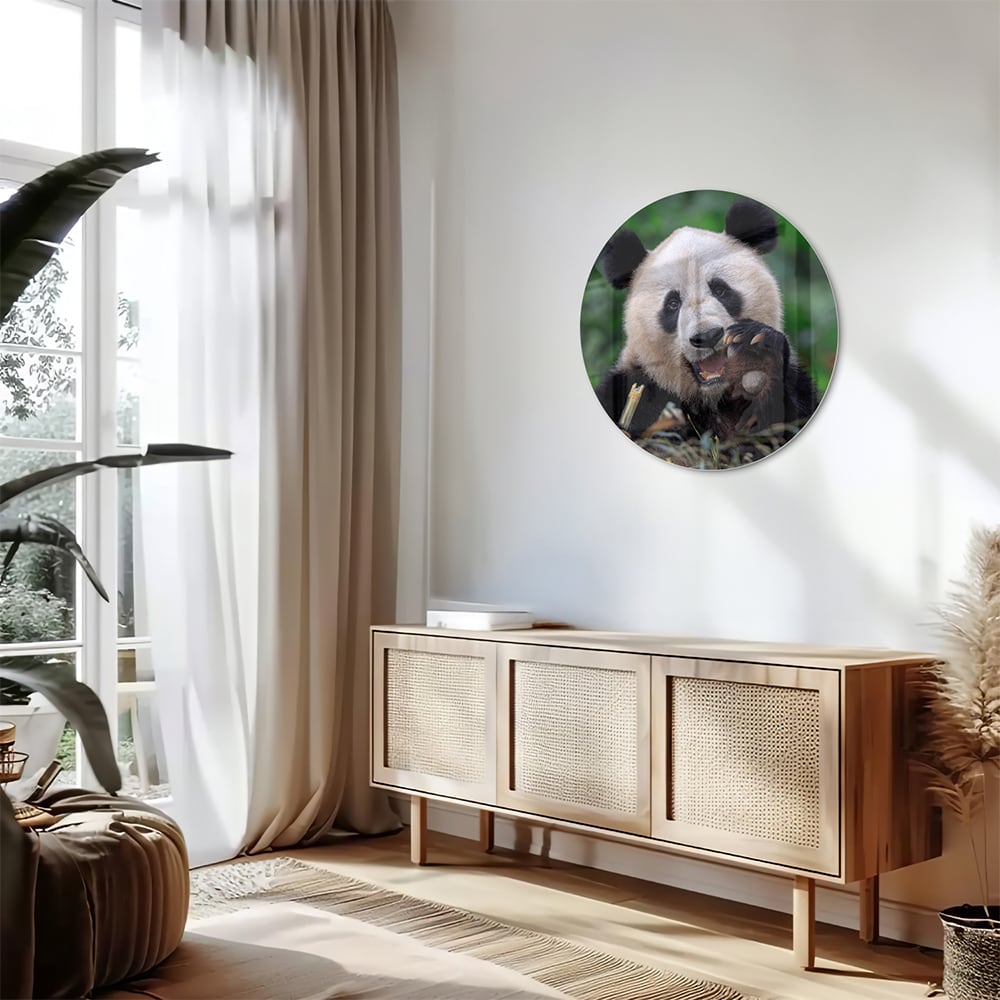 Glasbild mit einem niedlichen Panda in grüner Landschaft