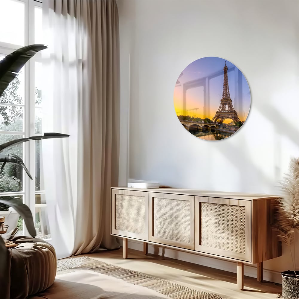 Glasbild mit dem Eiffelturm bei Sonnenuntergang