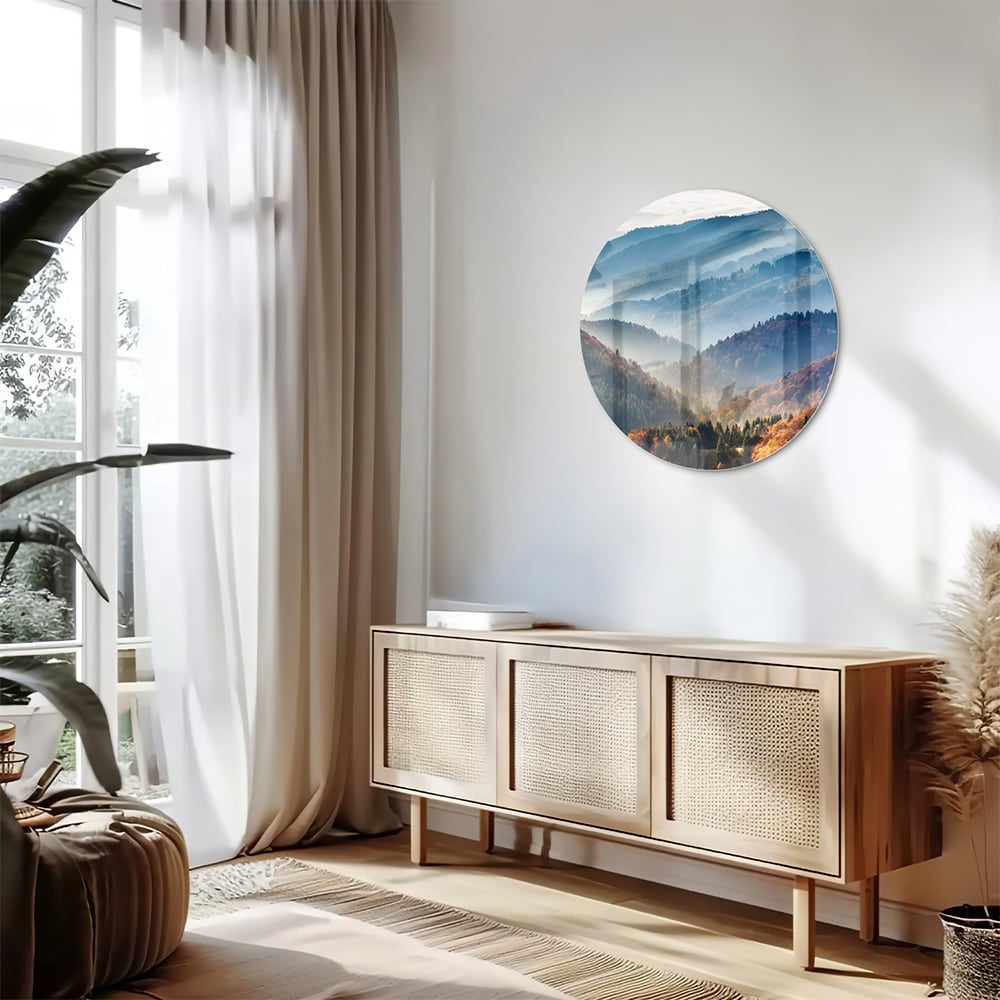 Atemberaubendes Glasbild mit Berglandschaft für Zuhause
