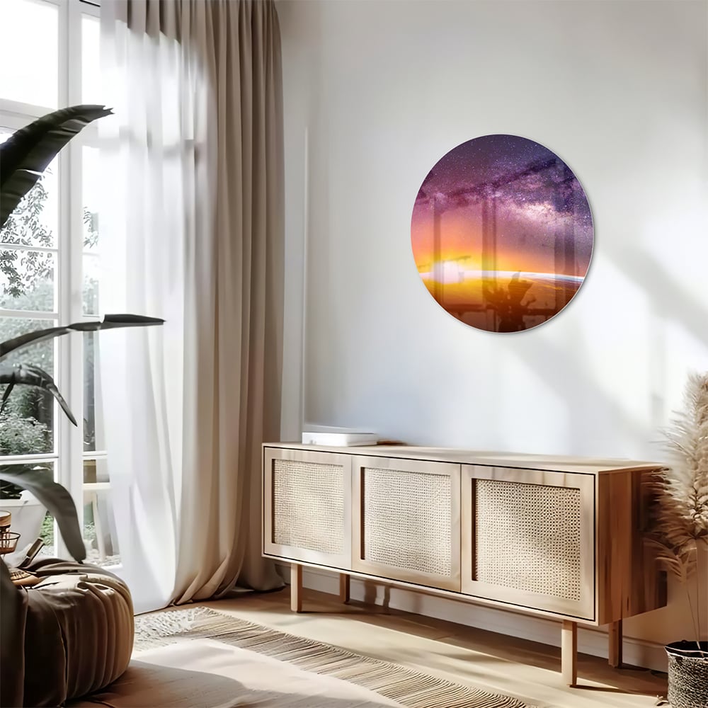 Glasbild mit einem Sternenhimmel bei Sonnenuntergang