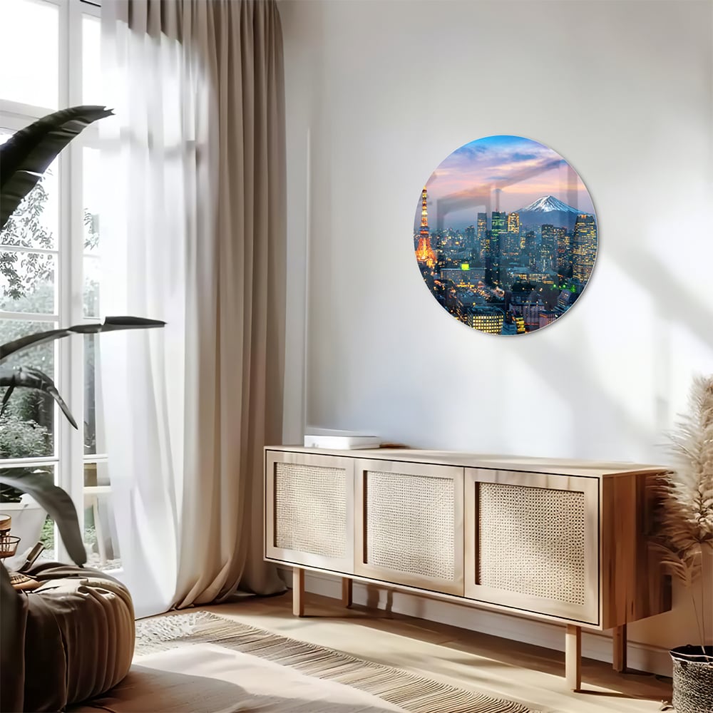 Glasbild mit Stadtpanorama, Fuji und Tokyo Tower