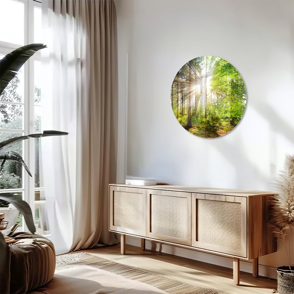 Glasbild mit sonnigem Wald für die Wohndekoration