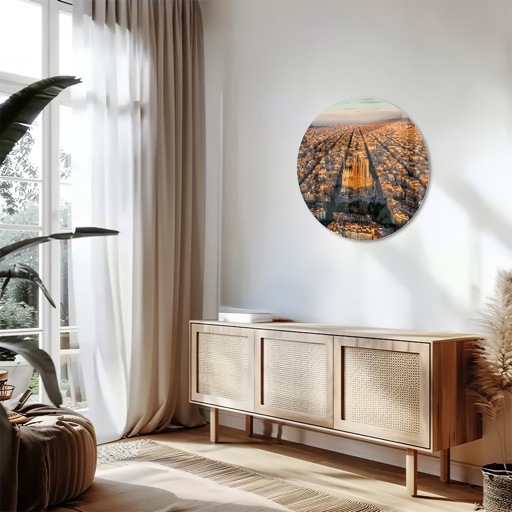 Glasbild mit atemberaubendem Stadtblick bei Sonnenuntergang